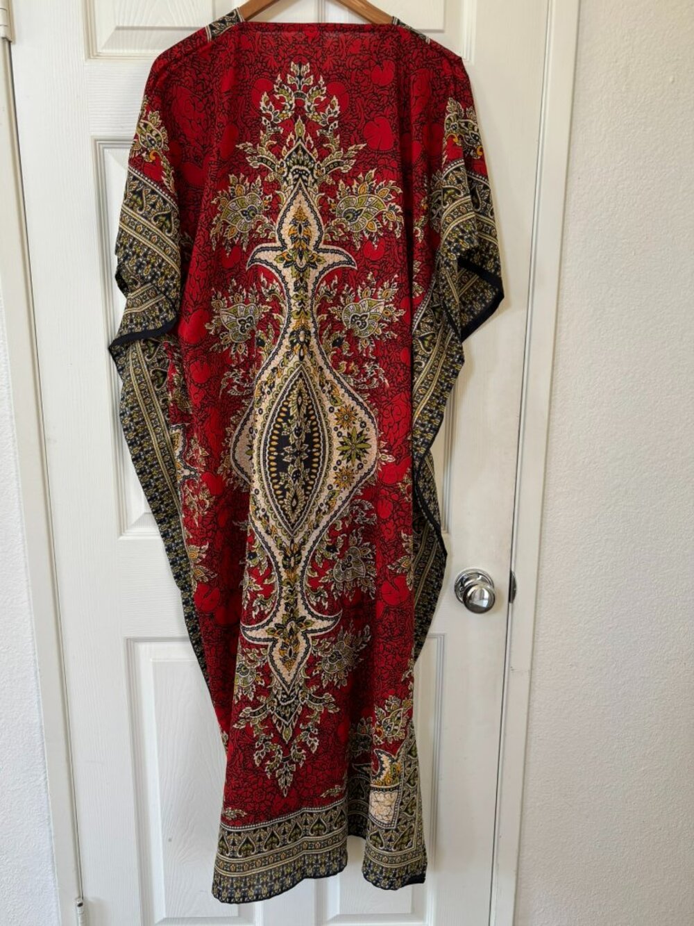 Women’s Long Colorful Red Multi-colored Print Tie Waist Kaftan One Size - Picture 3 of 7